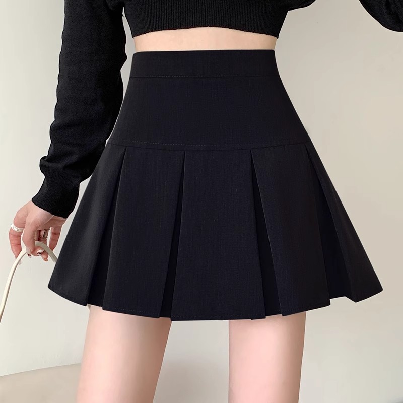 Huatian Window High Waist Grey Pleated Skirt Women's Summer Slimming High Waist American Academy Style A- Line Skirt Skirt