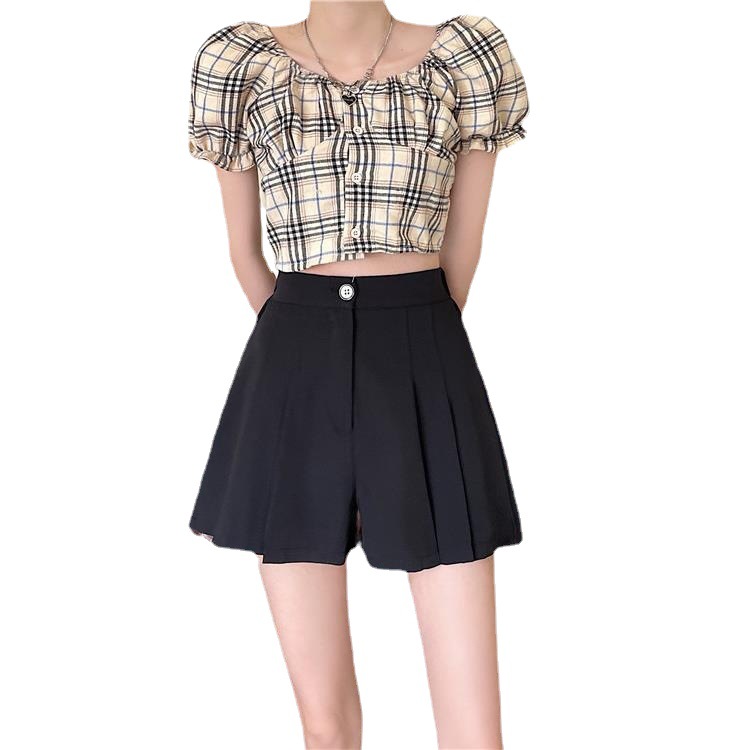 Picture of Fashionable high waist slimming black wide leg pants for women 2024 Summer new elegant irregular suit shorts