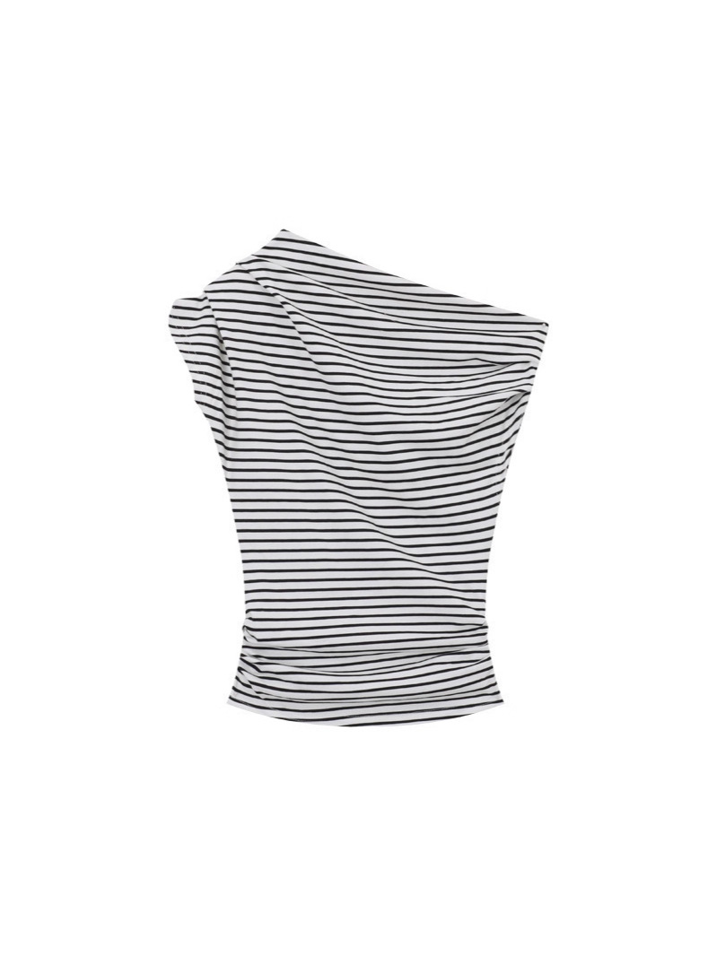Picture of Striped One-Shoulder Short-Sleeved T-Shirt for Women 2025 Summer New Korean Style Slim-Fitting Off-Shoulder Export Top