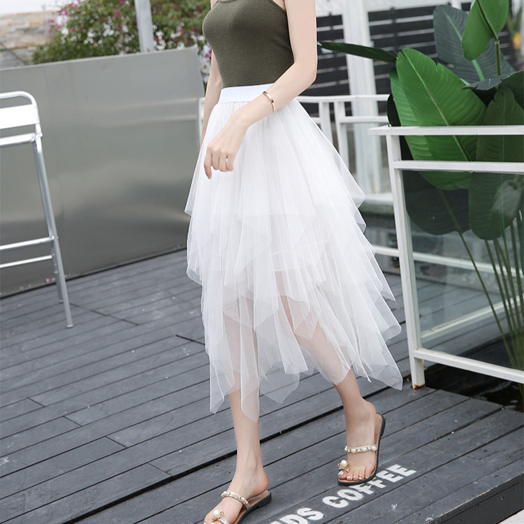 Summer New asymmetrical Mesh Skirt Mid-length High-waisted Slimming Look a-line Fairy Tutu Skirt