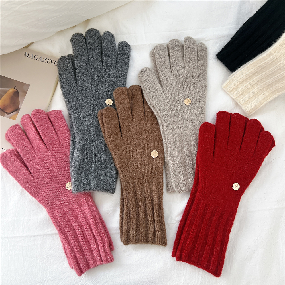 Dew Two-Finger Wool Gloves Women's Winter Cute Knitted Touch Screen Thickened Warm Riding Five-Finger Winter Cold-proof