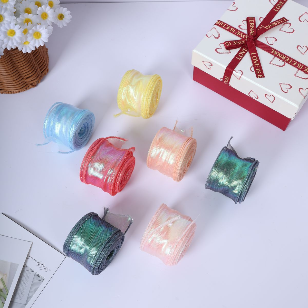 Teacher's Day Flower Packaging Iridescent Fishtail Yarn Ribbon Bow Wave Floral Yarn Ribbon Wholesale Handmade