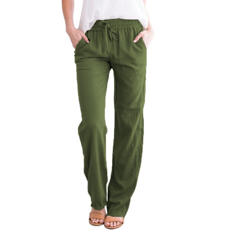 Picture of 2025 Cross-Border Ebay Amazon Wish Spring and Summer New Pure Color Cotton and Linen Loose Drawstring Casual Wide-Leg Pants for Women