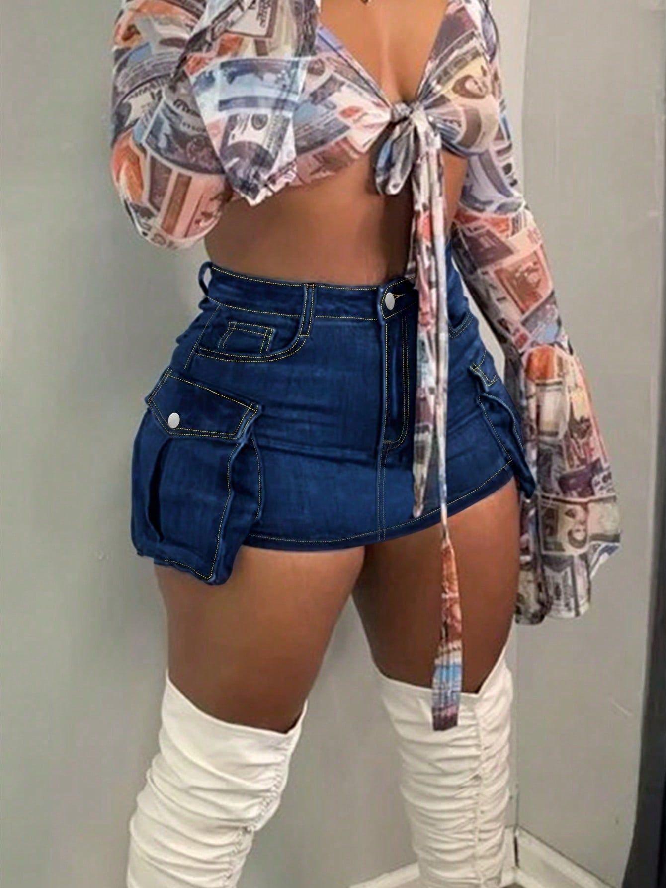 ATC50241# Traceable New Cross-border Women's Fashion Tight Fit Workwear Pocket Sexy Hip Denim Skirt