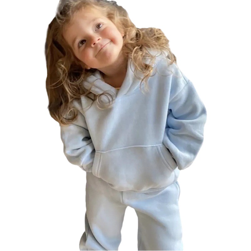 Boys and girls Korean winter children's clothing suit fashion simple solid color hooded sweater leggings fleece two-piece fashionable