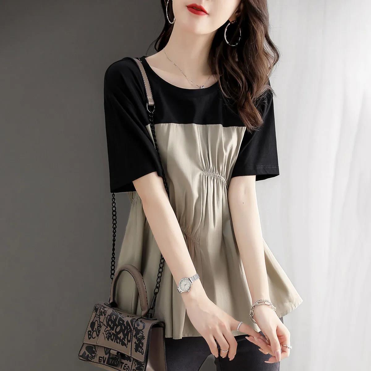 2023 Summer New Fashion Women's Shirt Elegant Casual Loose Round Neck Korean Style Contrast Color Stitching Top Shirt Women's Fashion