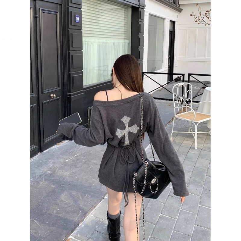 Elegant V-neck Grey dress Women's Autumn Short A- line Skirt Slim-fit Strap Short Skirt