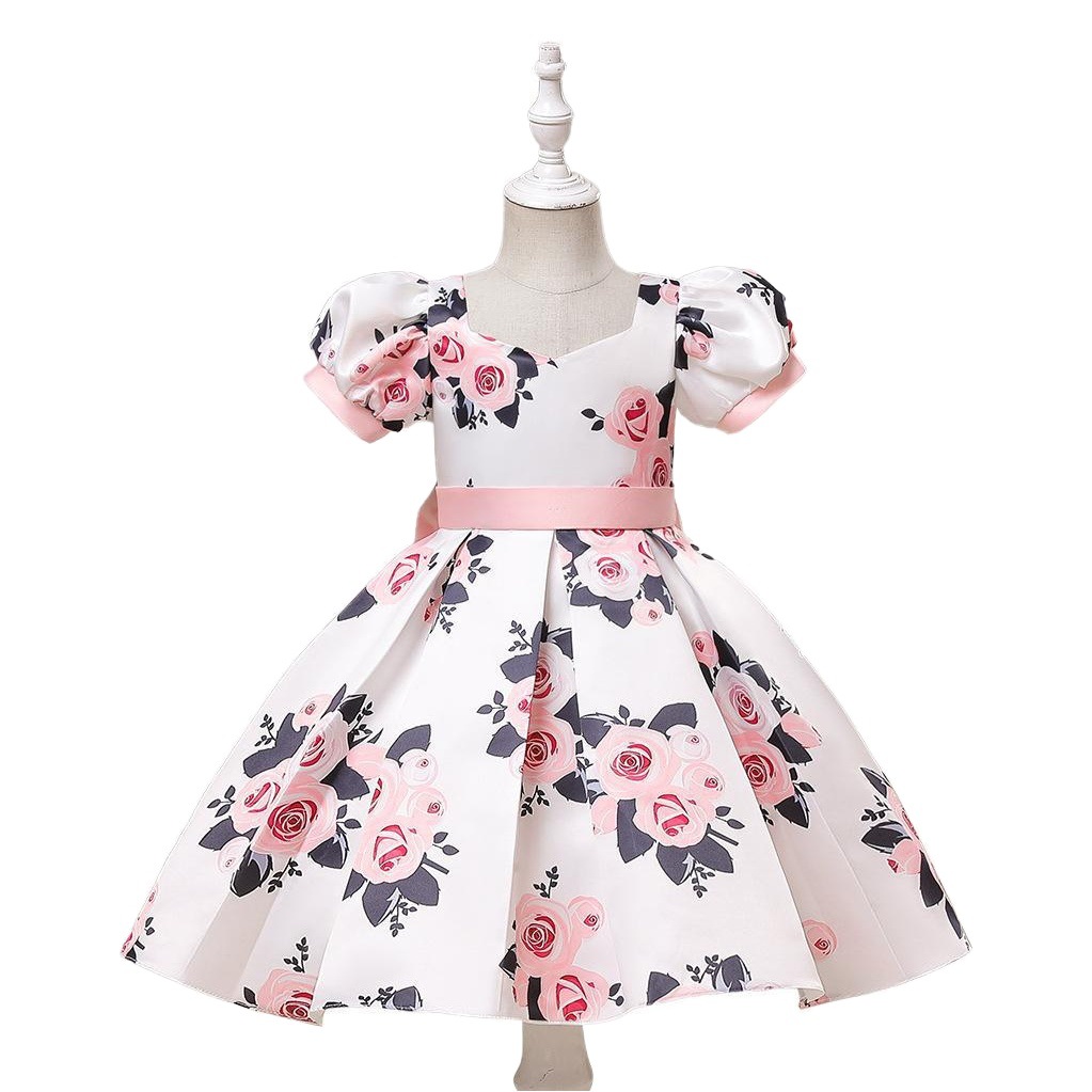 Amazon New Girls Dress Printed Satin Princess Dress Puff Sleeve Birthday Piano Performance dress