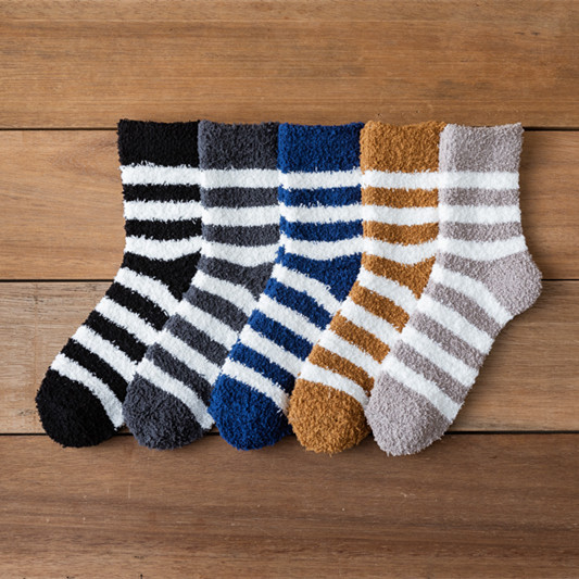 Coral velvet socks men's striped half-side velvet mid-tube men's socks lint-free thickened warm floor socks home socks sock