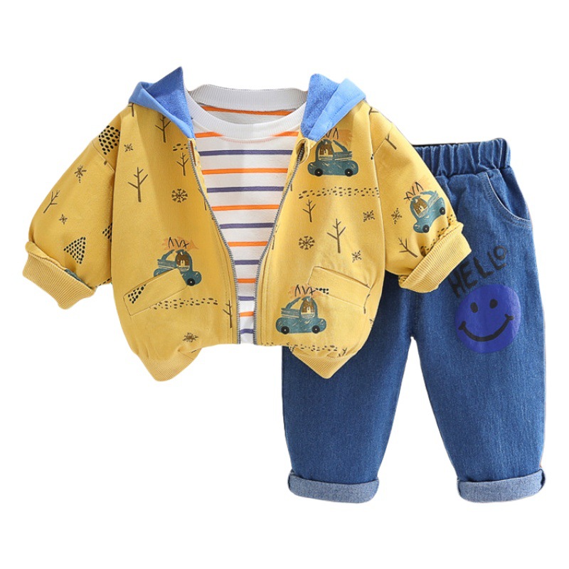 Children's clothes Forest car three-piece set Internet celebrity suit baby hooded baby clothes trendy 2023 spring and autumn