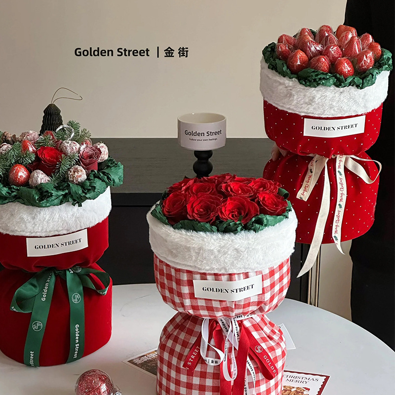 Christmas Strawberry apple bouquet Chanel style bag cloth plaid with flannel wool lambswool creative bag flower cloth wholesale