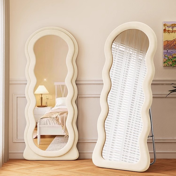 Trendy Dressing Mirror for Home Bedroom, Girls' Light Luxury Floor-Standing Fitting Mirror, Large Wave Ins-Style Irregular Full-Length Mirror