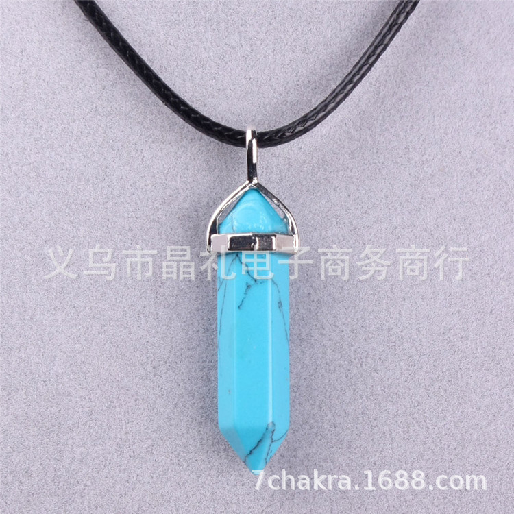 Picture of Natural Stone Hexagonal Pendant European and American Natural Crystal Hexagonal Prism Bullet Hexahedral Black Wax Rope Necklace