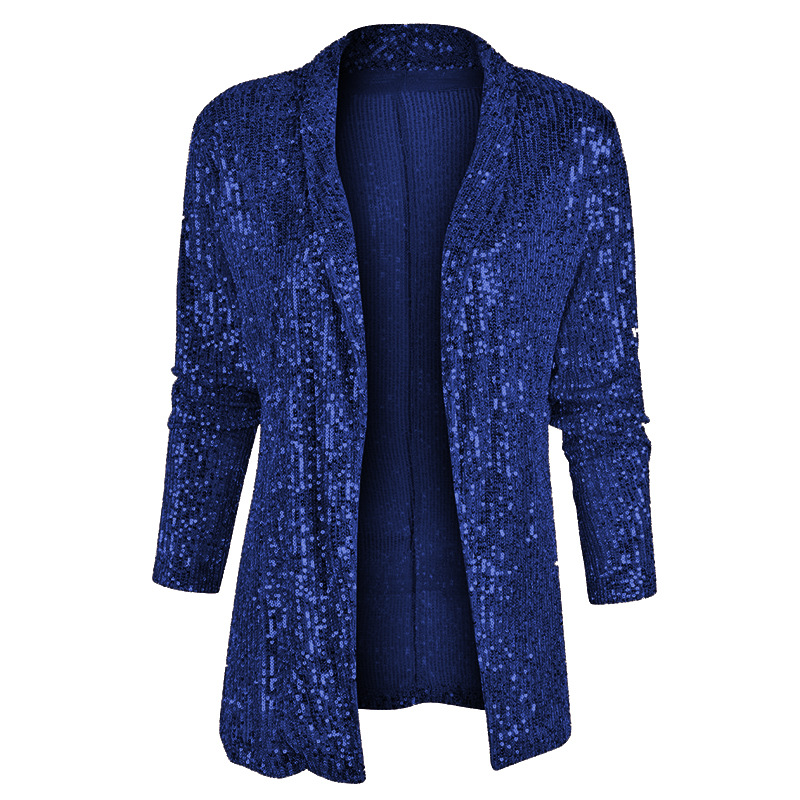 Picture of 2025 Spring New European and American Amazon Sequined Long-Sleeved Elegant Mid-Length Small Suit Lapel Pure Color Jacket for Women