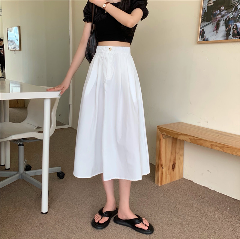 High-Waist Slimming Mid-Length Pleated Skirt Children's 2023 Summer Over-the-Knee Umbrella Skirt Hip Covering Large-Swing A- Line Skirt