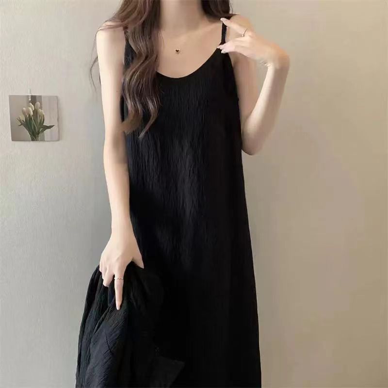Black sundress women's summer drape slimming retro long skirt solid color sexy pajamas can be worn outside, dress drawer