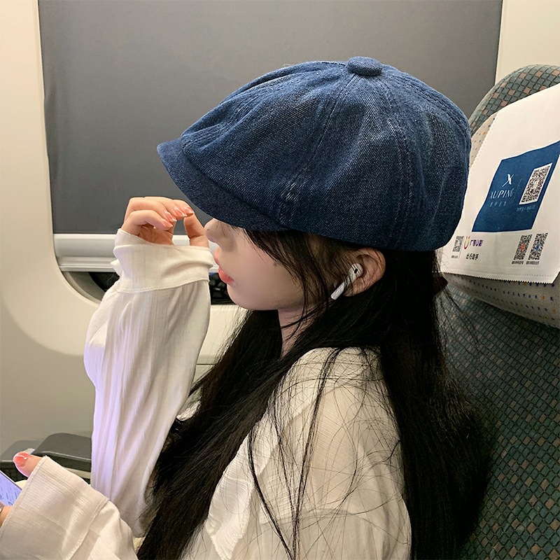 Denim forward hat female autumn and winter Korean style face-looking small octagonal beret French retro big head circumference painter hat fashion