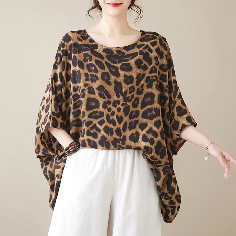 Picture of 2023 Summer New Retro Artistic Large Size Loose Bat Sleeve Fashionable Leopard Flower Shirt