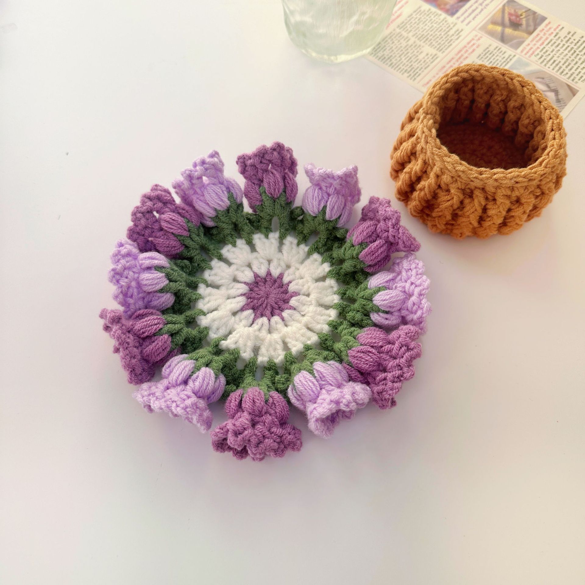 Picture of Beginner Handmade Weaving DIY Materials Kit, Yarn, Crochet, Lily of the Valley Gradient Coaster Gift for Girlfriend