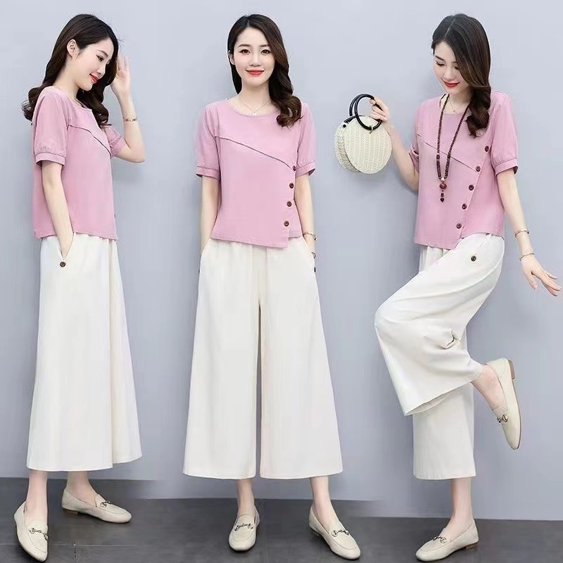 Internet Celebrity Suit for Women 2025 Summer New Style Loose Casual Fashion Simple Elegant Comfortable Student Short-Sleeved Two-Piece Set