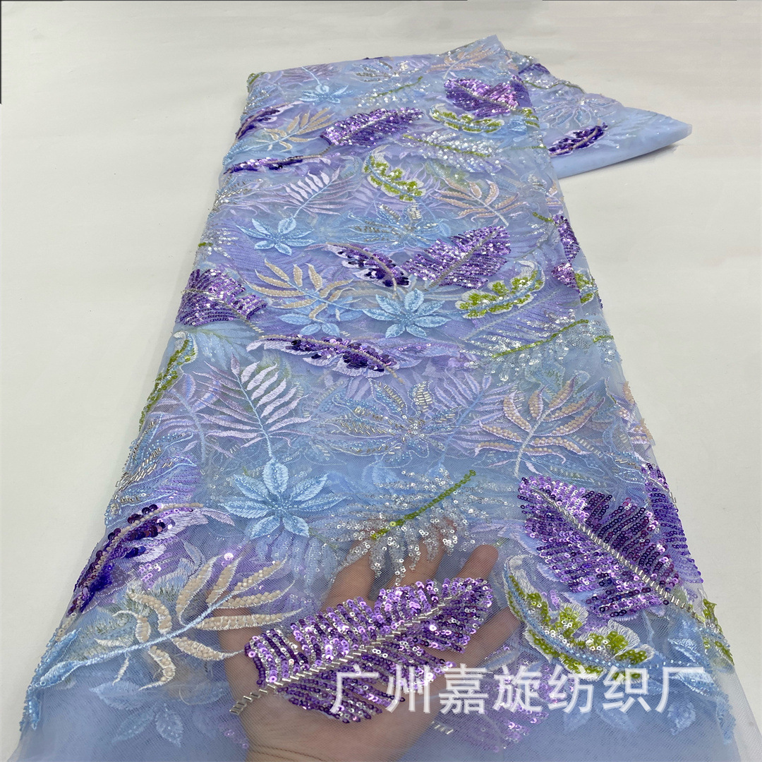 Ethnic style warp knitted mesh multi-colored plant leaf embroidery sequin fabric cheongsam dress dress fabric LACE