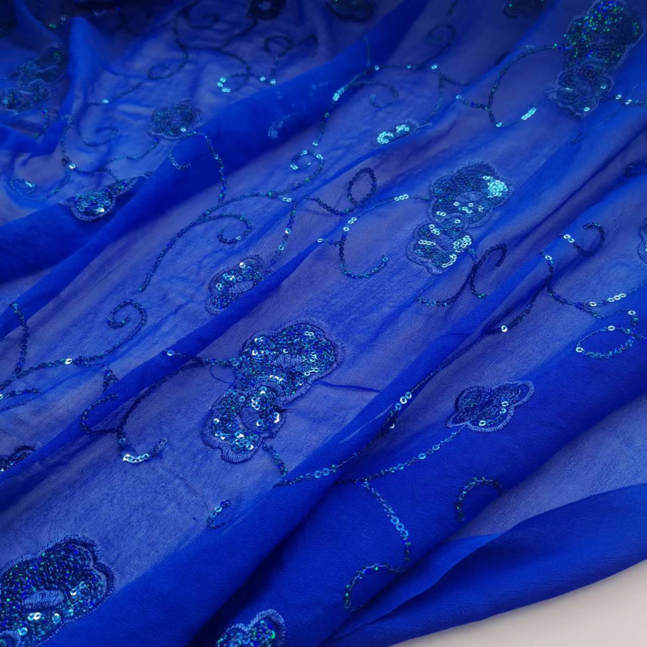 Sapphire Blue Silk Georgette Embroidered Sequins 8mm Mulberry Silk Georgette Fabric Wide Fashion Skirt Silk Fabric