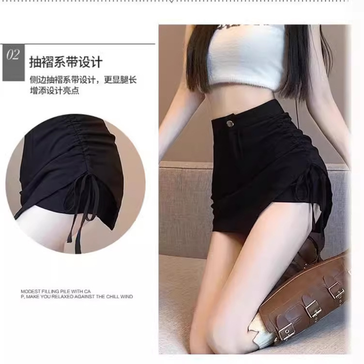 2024 Irregular Drawstring Black Skirt Women's Summer Hot Girl High Waist A- Line Suit Skirt Elegant Slimming Hip