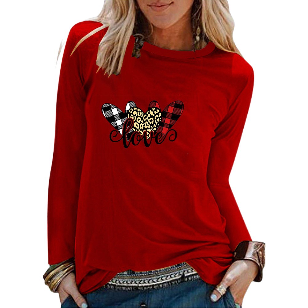 2021 Amazon Cross-border Valentine's Day Three Love Printed Solid Color Long Sleeve T-shirt Round Neck Casual Loose Top