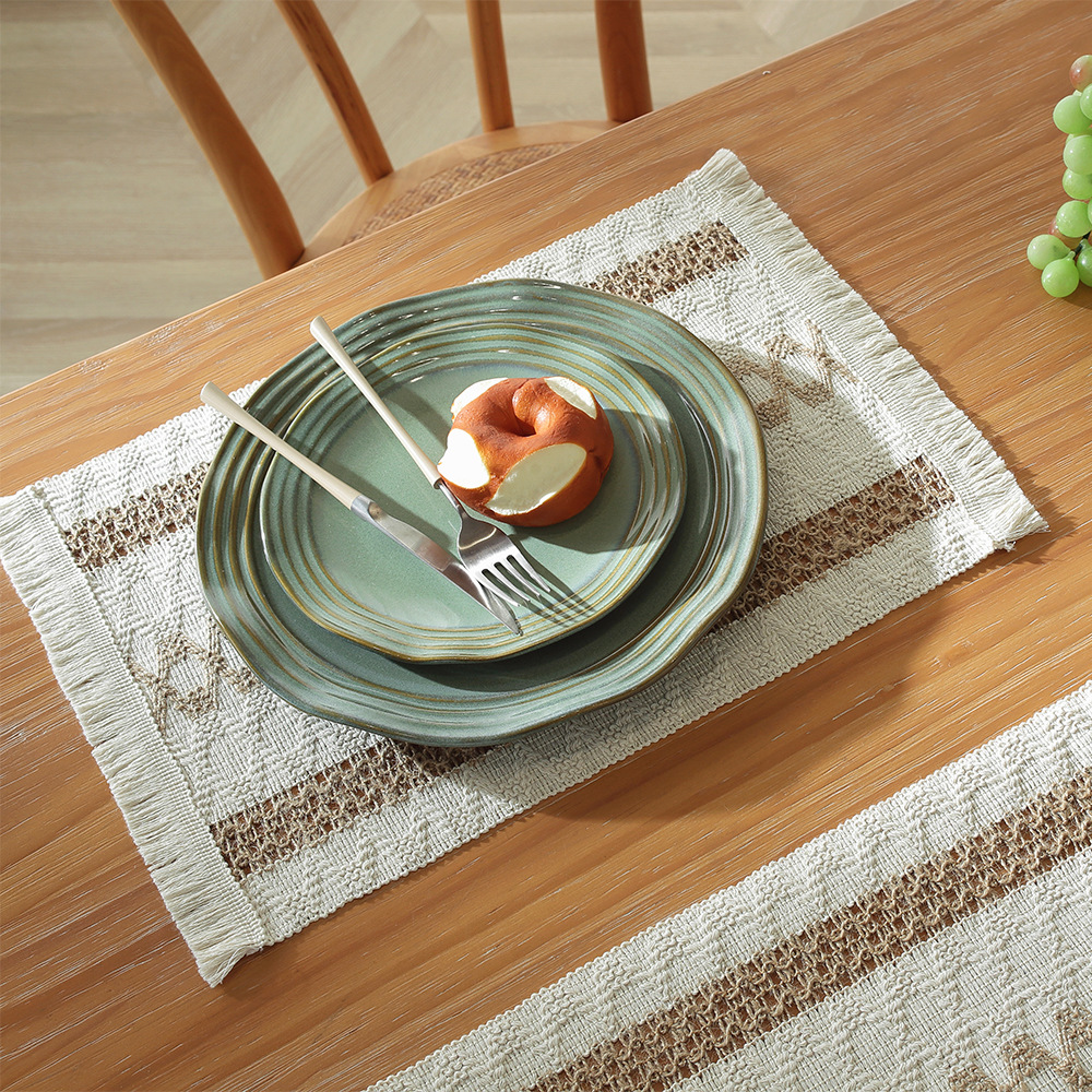 Picture of Amazon new cotton and hemp rope placemat holiday placemat woven color matching striped tassel bowl mat spot wholesale