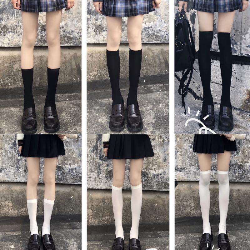 Velvet Calf Socks Women's Slimming Look Leg Socks Jk Socks Black Japanese Style Mid-High Long Over-The-Knee Socks