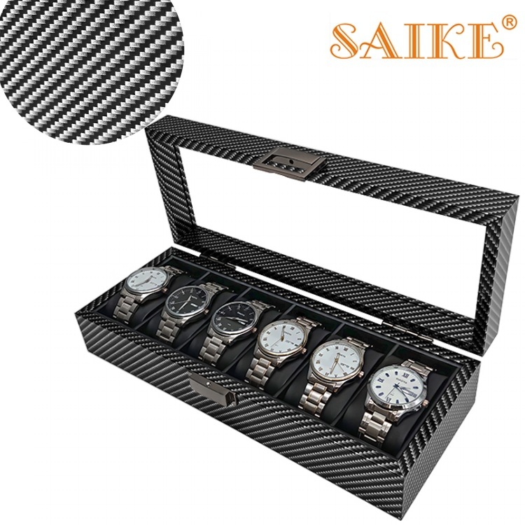 Picture of Spot Wholesale Carbon Fiber Pattern Wooden 6-Bit Watch Storage Display Box 6-Pack Watch Collection Display Box Factory