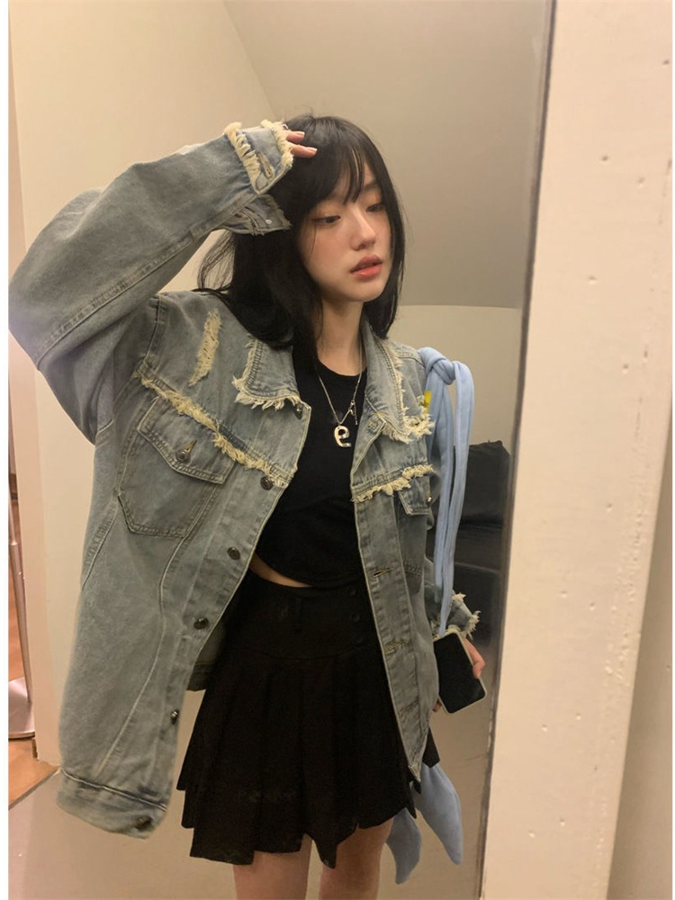 Picture of Korean Style Loose Ripped Edge Denim Jacket Women's Autumn 2023 New Design Sense Niche Jacket ins Top