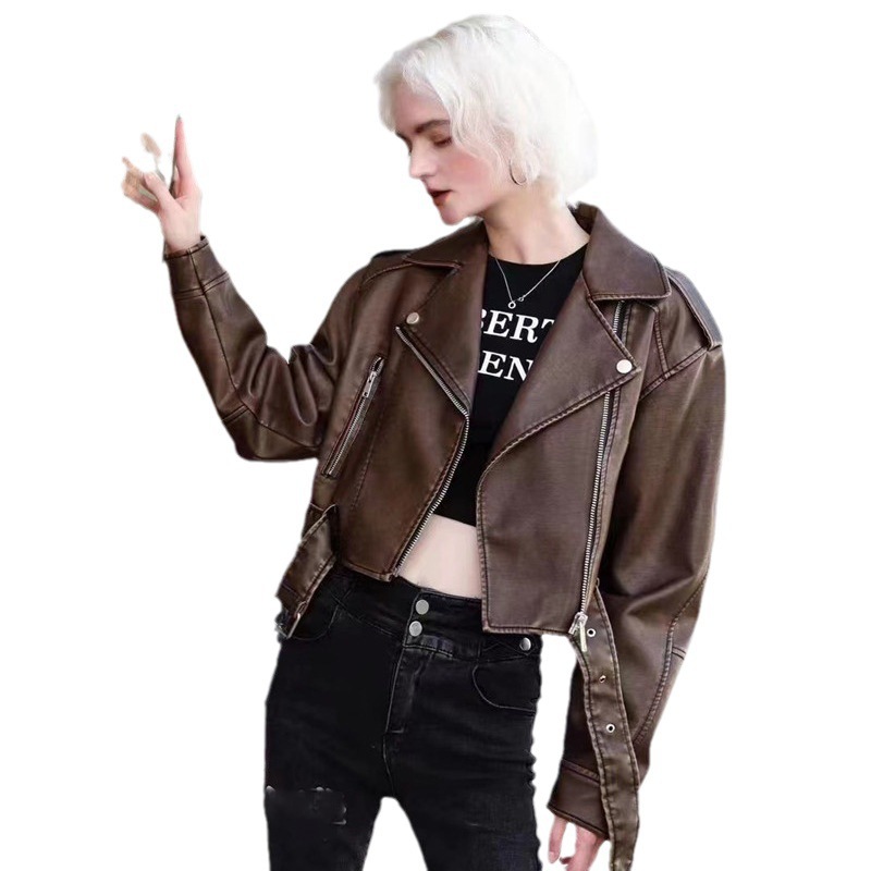 Picture of Hong Kong Style Retro Leather Jacket Women's Short New Casual This Year's Popular Motorcycle PU Leather Jacket