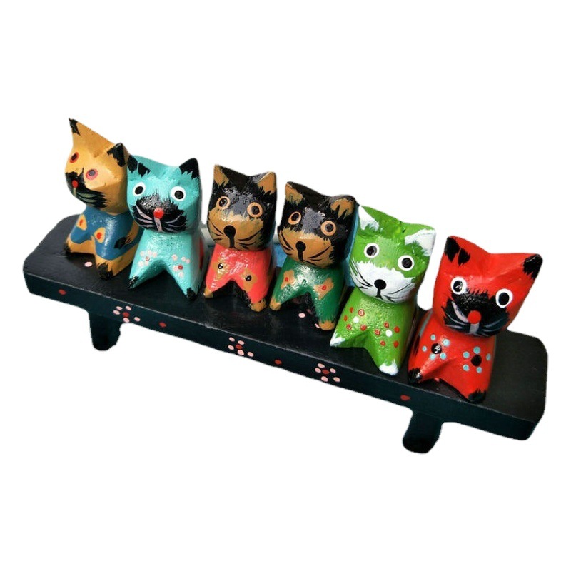 Picture of European Grocery Home Decoration Wooden Home Decoration Log Hand-painted Wood Carving Combination Set Six Kittens Birthday Gift