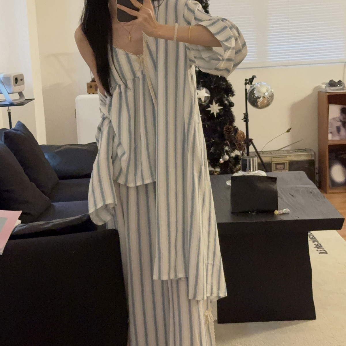 Autumn New Bubble Cotton Sling Gray Blue Striped Belt Chest Pad Three-piece Set Loose Comfortable Casual Home Clothes suit