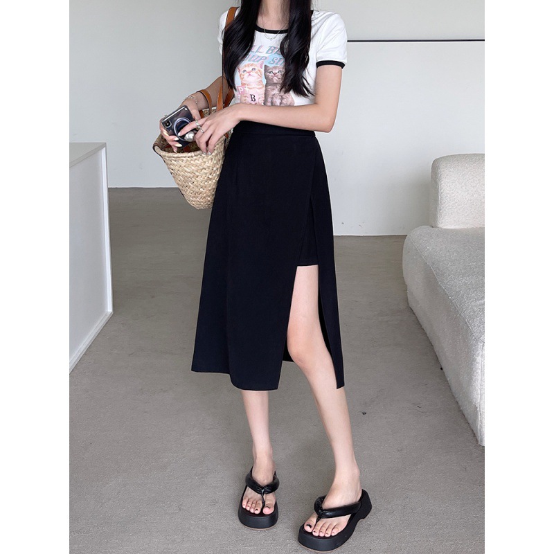 Suit skirt women's plus size irregular summer thin black slimming design high waist A- line midi skirt