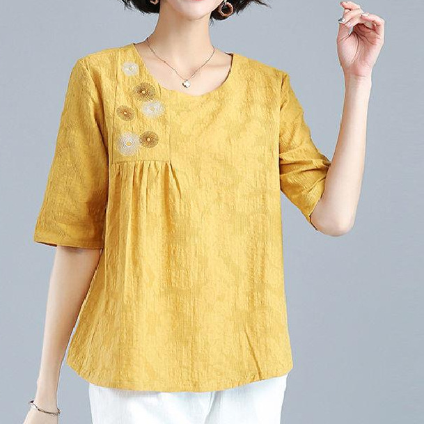 Picture of Renaissance Jacquard CoTTon and Linen Three-quarTer Sleeve T-shirT Women's Summer Loose Large Size Belly-covering Slimming Look Embroidered Casual Top