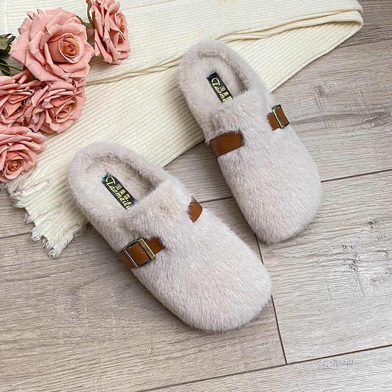 Mao Mao Slippers Women's Outwear Birkenan Shoes New Winter Slip-on Lazy Men Baotou Half Slippers fleece-lined plus size Cotton Slippers