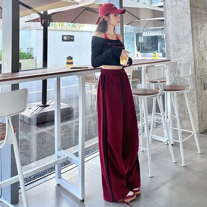 Fashionable American Sports Pants for Women 2024 New Spring & Fall Loose Slimming Look Straight Wide Leg Casual Stripesd Versatile Sweatpants