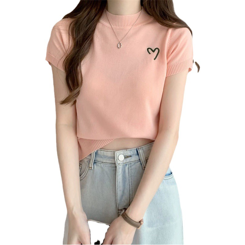 Round Neck Short-Sleeved Short Knitwear for Women Summer Thin Embroidered Slim Fit Versatile Figure-Showing Top Women's Small Shirt