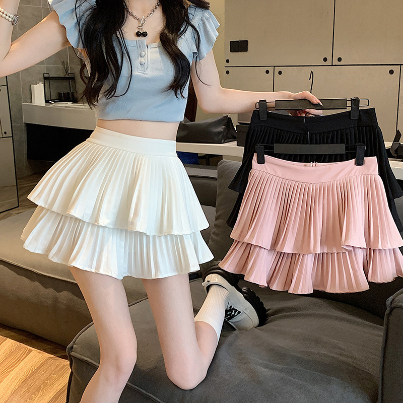 Double Layer Cake Skirt Pleated Skirt 2025 Summer New High Waist Short Half A- line Skirt Ponte Skirt Umbrella Skirt