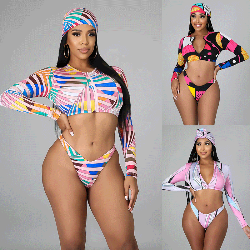 2022 New bikini European and American Sexy Long Sleeve Printed Zipper Swimsuit Women's Split Foreign Trade Explosions Swimsuit