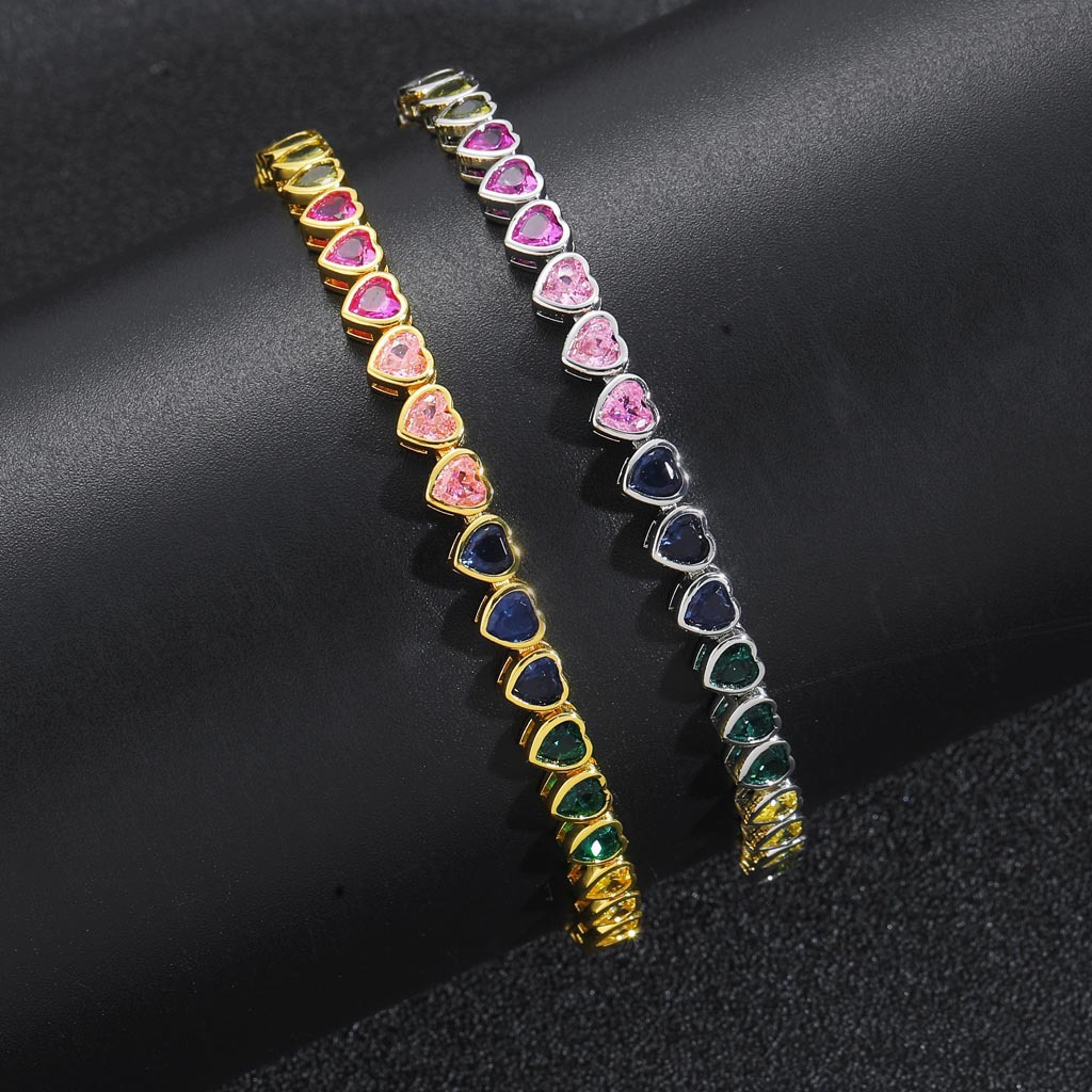 European and American Colorful Heart Tennis Chain Full Diamond Hip-Hop Bracelet Rainbow Zircon Personalized Trendy Heart-Shaped Bracelet Can Be Shipped on Behalf of Others