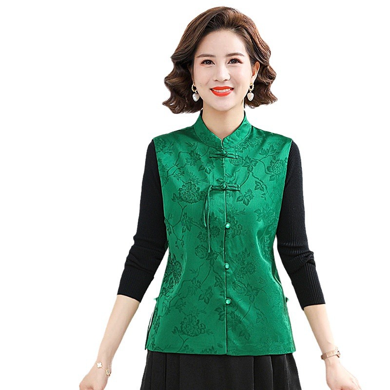 Picture of Chinese style satin jacquard vest Vest Women's Spring and Autumn New Stand Collar buckle retro vest short top
