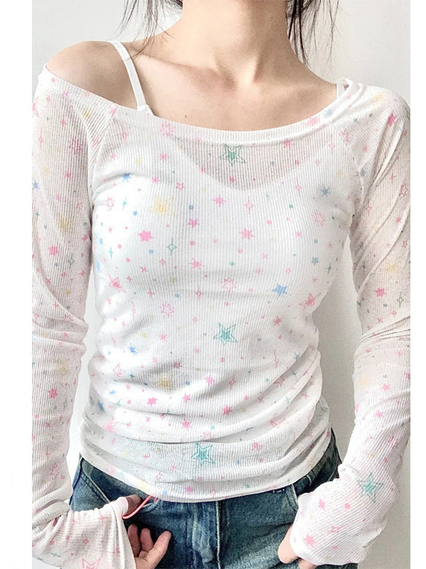 Picture of 2024 Spring and Summer New ins See-Through Design Long-sleeved Sun ProTecTion T-shirT Full-prinT One-line Collar Off-shoulder Sexy Top for Women