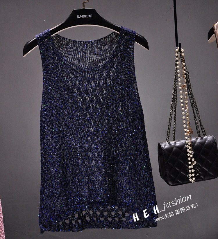 Picture of Summer New Beaded Sparkling Sequins Hollow Thin Sleeveless Sweater Front Short Back Long Vest T-shirt Top Women