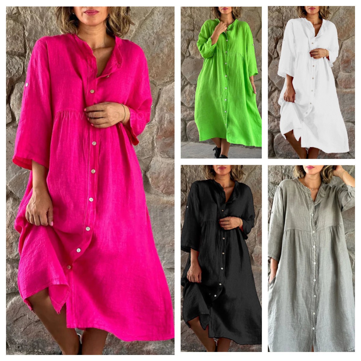2025 Cross-Border Women's Clothing Amazon Aliexpress New Cotton and Linen European and American Solid Color Casual Button Long Dress Wholesale