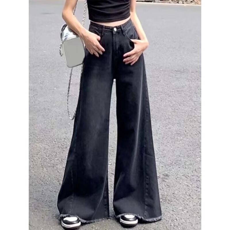 Summer New Design Sense Niche Black Loose Wide Leg Jeans Women's High Waist Draping Sense Fur Edge Trendy Pants