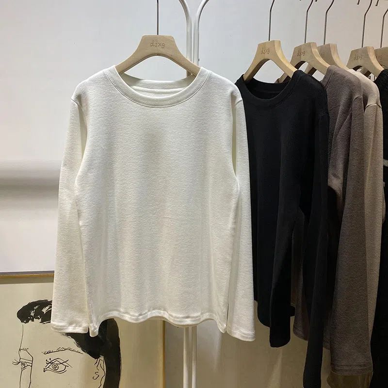 Super soft waxy double-sided velvet bottoming shirt women's autumn and winter Korean version of the latest sanding warm solid color loose inner top trendy
