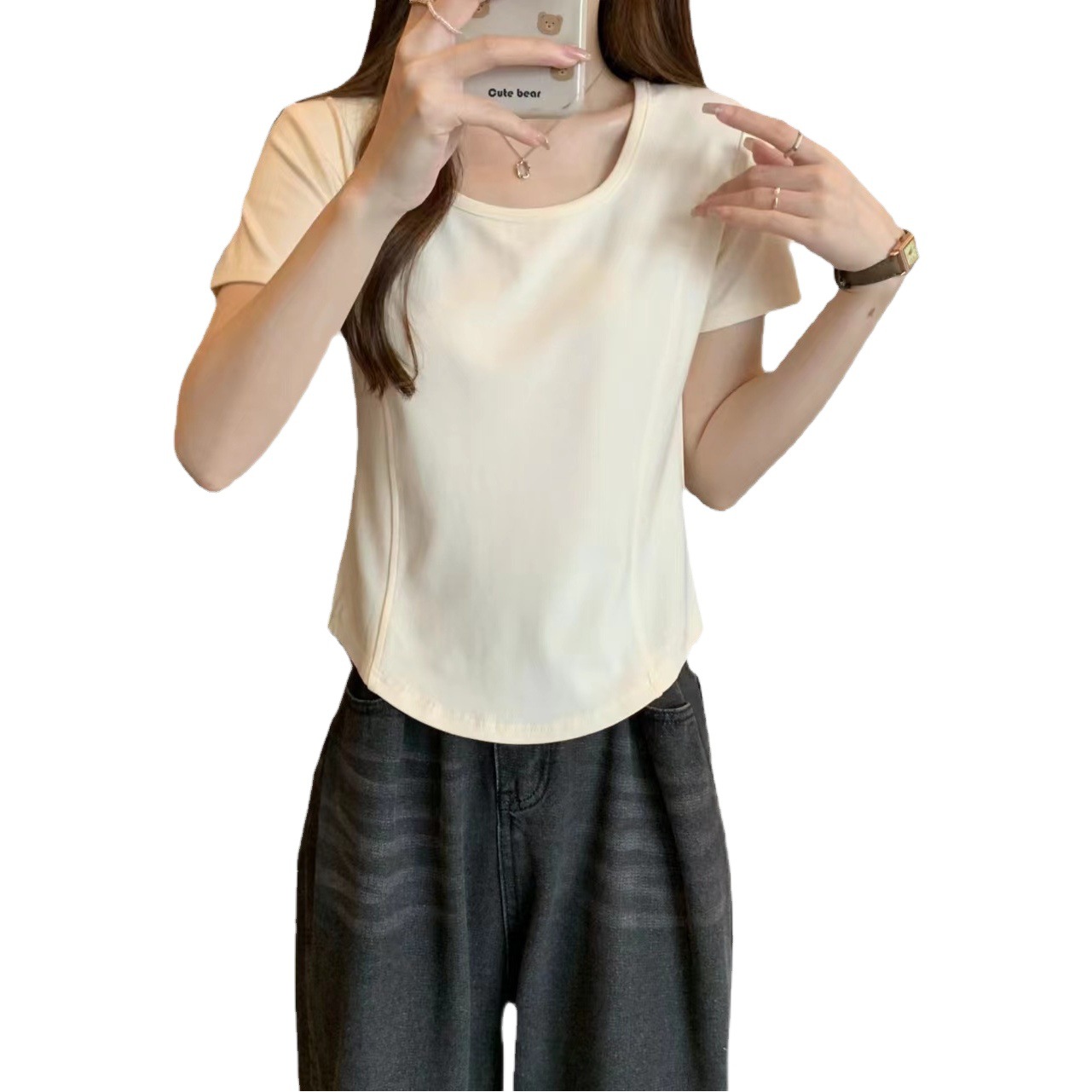 Square Collar Fishbone Short-sleeved T-shirt Women's South Korea 2024 Summer Slim-fit Slimming Short Spice Girls Collarbone Shoulder Top